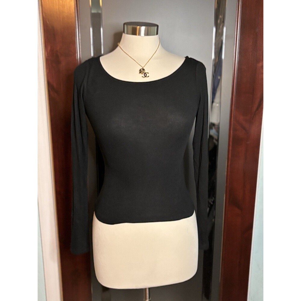New Streetwear Society Women Basic Black Ribbed Long Sleeve Shirt Size Small